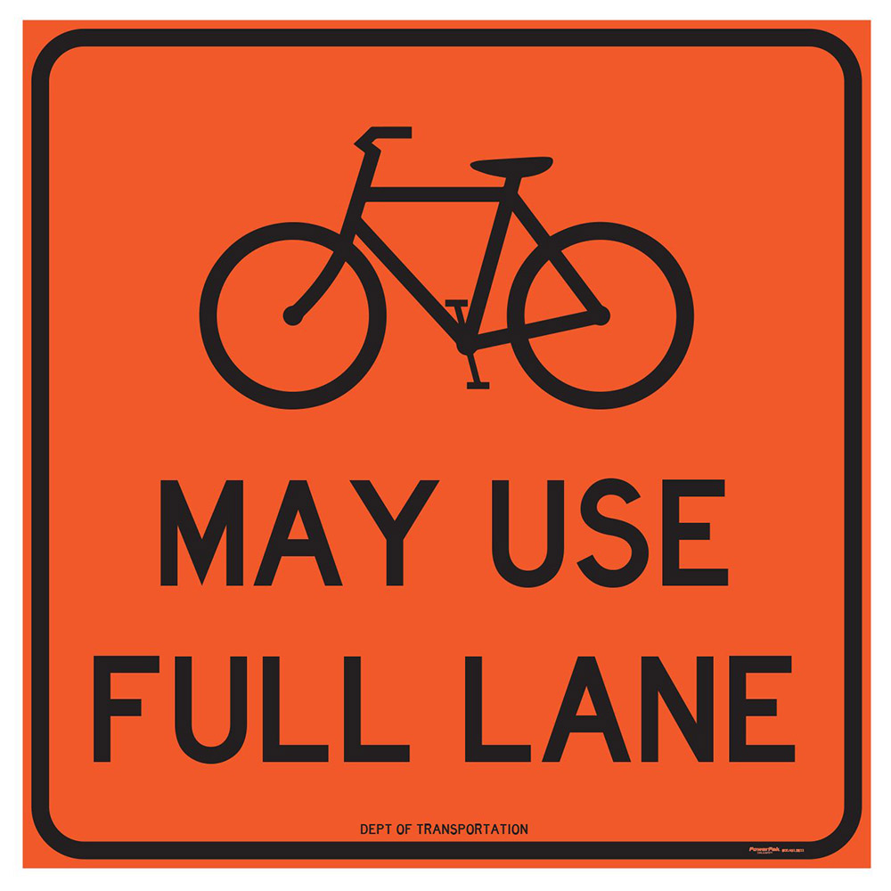 Sign, "May Use Full Lane" with Bicycle (symbol), Orange on Black, Aluminum