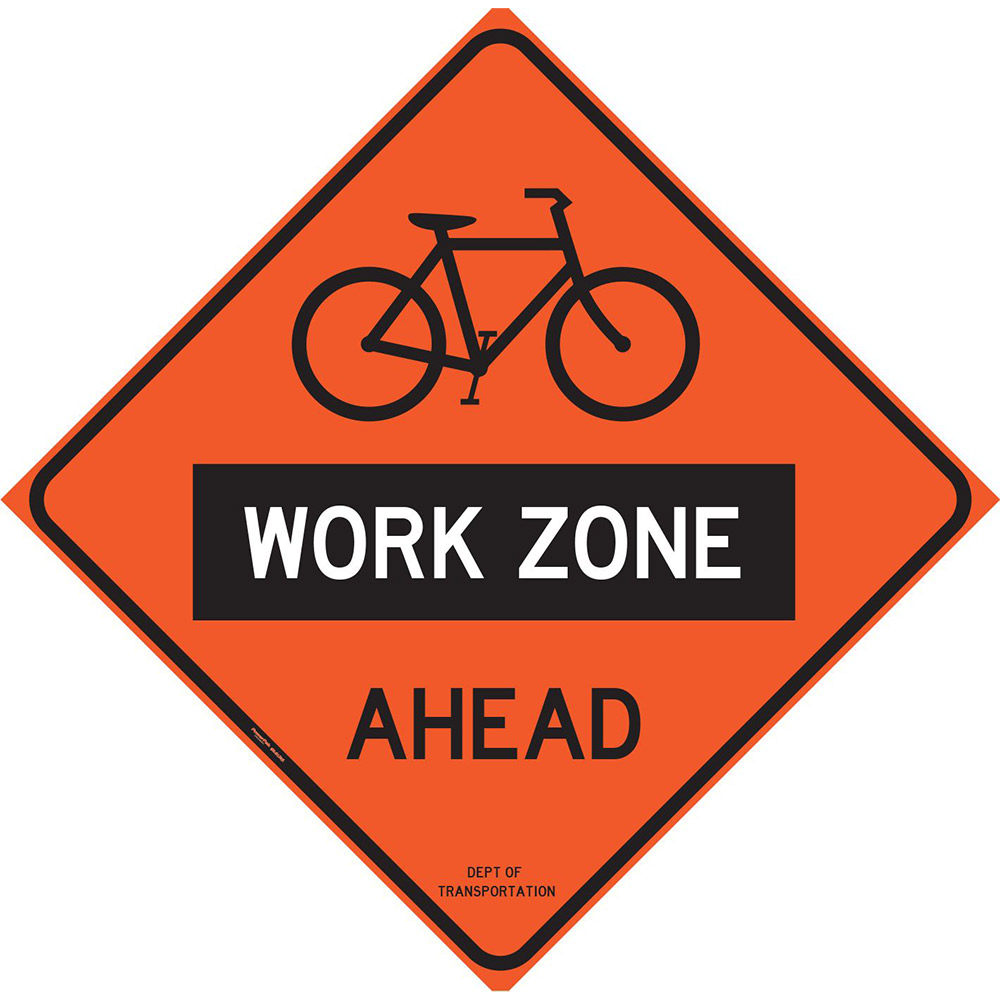 Sign, "Work Zone Ahead" with Bicycle (symbol), Black on Orange, Aluminum