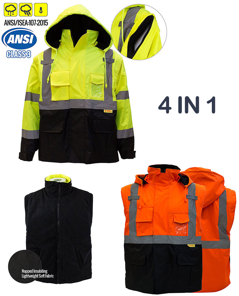 Hi-Vis Multifunctional 4-IN-1 Jacket with Detachable Sleeves & Waterproof Shell